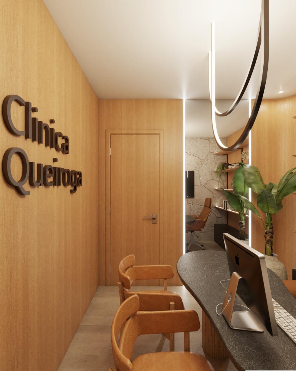 Recepção da Clínica Queiroga com letreiro em relevo e ambiente em madeira